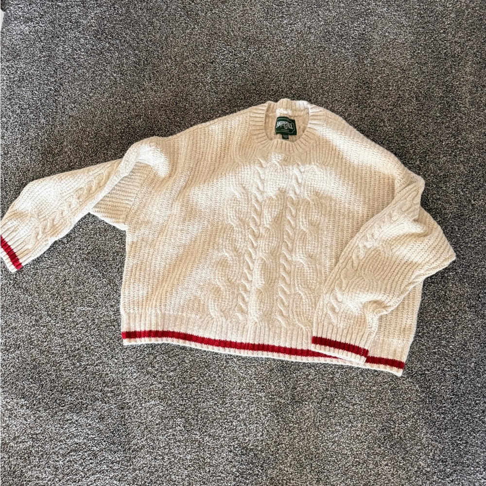 American Eagle Outfitters Cream Cable Knit Sweater with Red Trim
